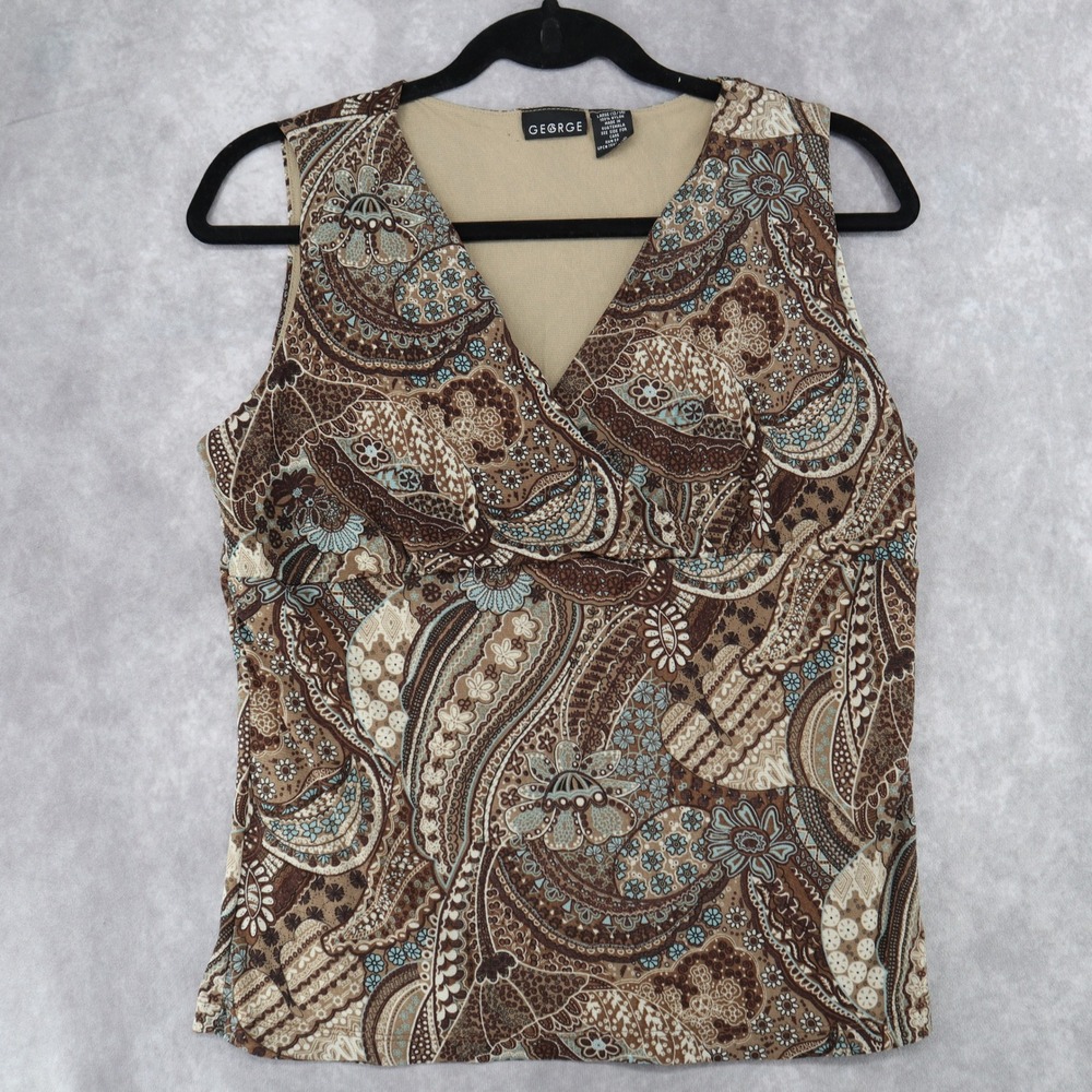 Vintage George Tank Top Y2K Paisley Sleeveless Stretch Brown Blue Large Boho